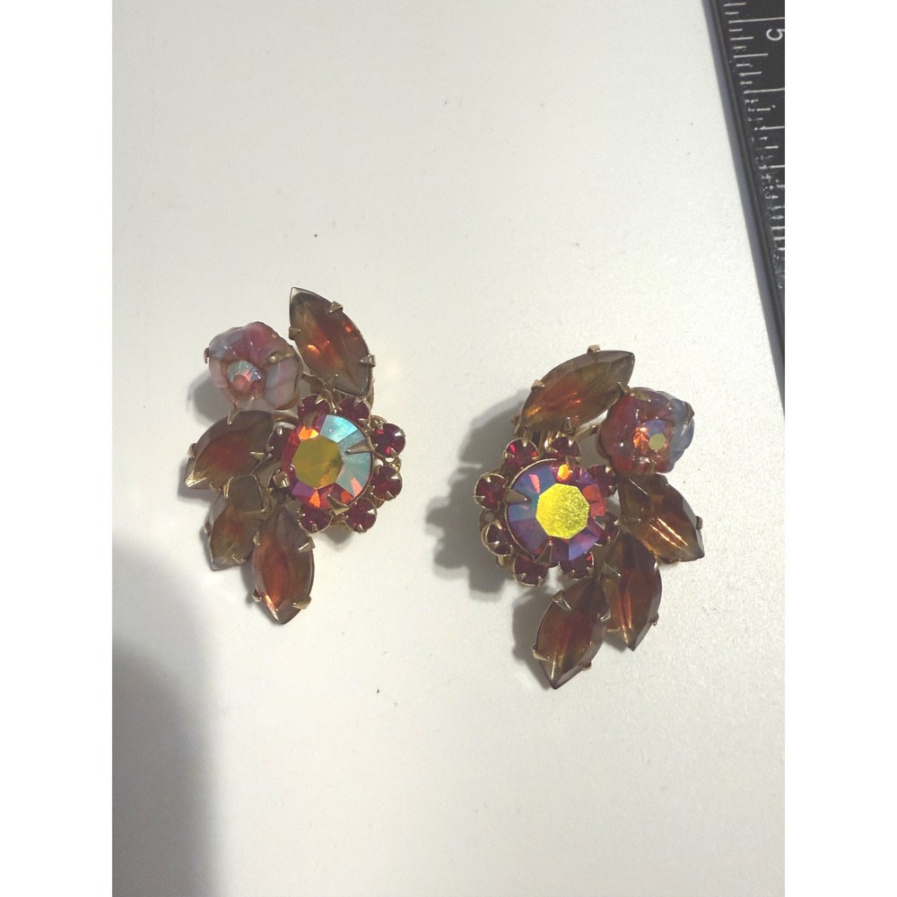 Beaujewels Amber Aurora Borealis Rhinestone Clip On Earrings Gold Tone Floral‎